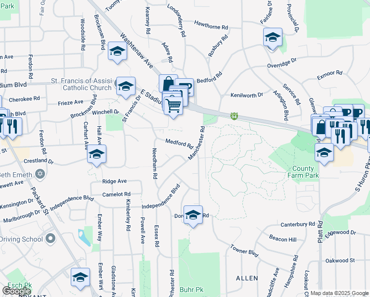 map of restaurants, bars, coffee shops, grocery stores, and more near 2439 Buckingham Road in Ann Arbor