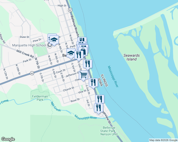 map of restaurants, bars, coffee shops, grocery stores, and more near 399 S Riverview Dr in Bellevue