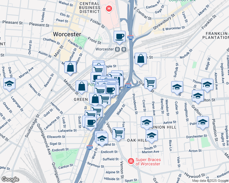 map of restaurants, bars, coffee shops, grocery stores, and more near 96 Massachusetts 122 in Worcester