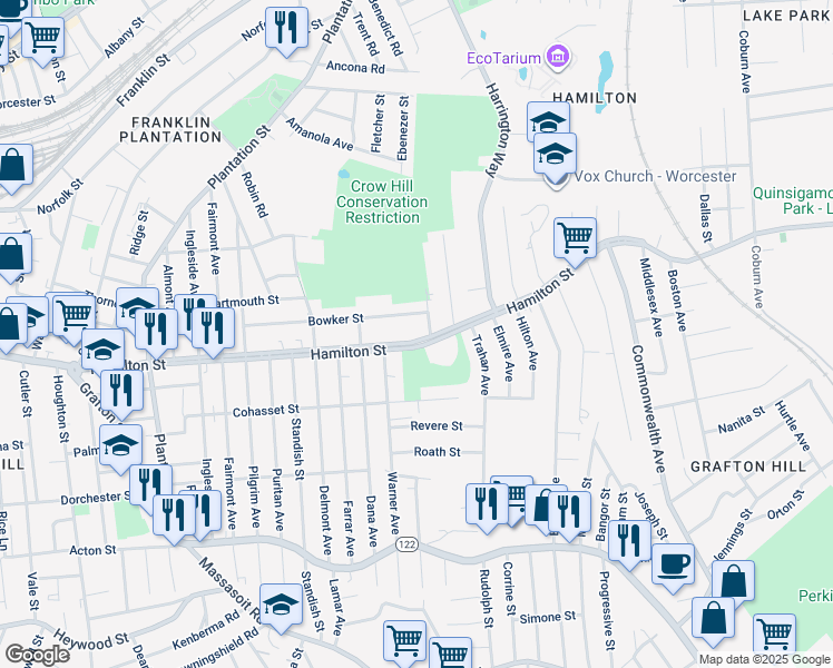 map of restaurants, bars, coffee shops, grocery stores, and more near 265 Hamilton Street in Worcester