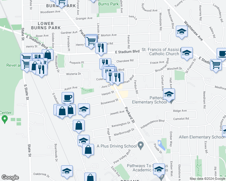 map of restaurants, bars, coffee shops, grocery stores, and more near 2056 Packard Street in Ann Arbor