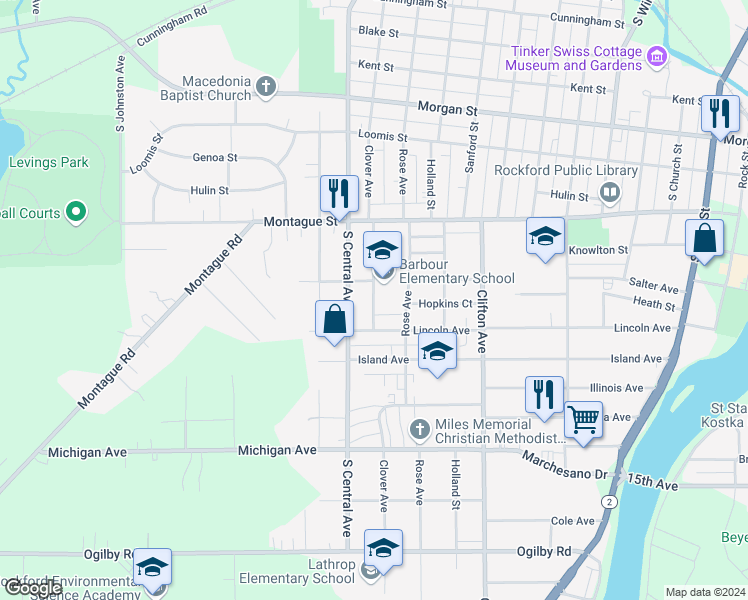 map of restaurants, bars, coffee shops, grocery stores, and more near 1506 Clover Avenue in Rockford