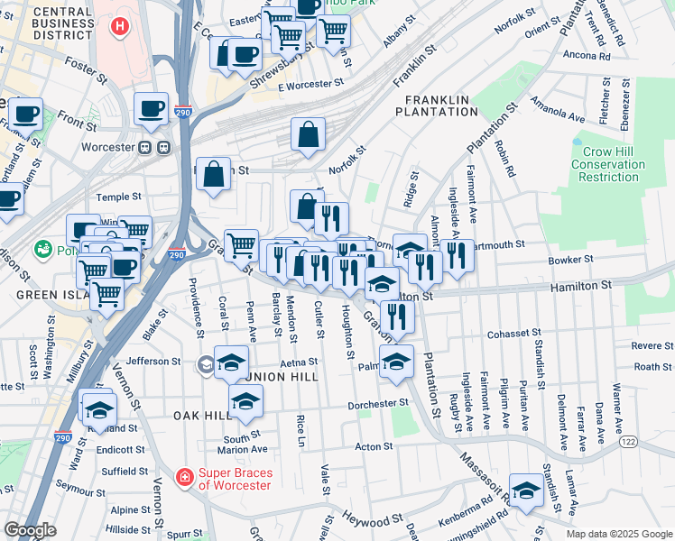 map of restaurants, bars, coffee shops, grocery stores, and more near 3 Branch Street in Worcester