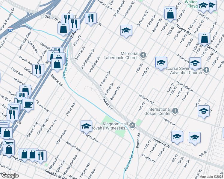 map of restaurants, bars, coffee shops, grocery stores, and more near 3787 South Ethel Street in Detroit