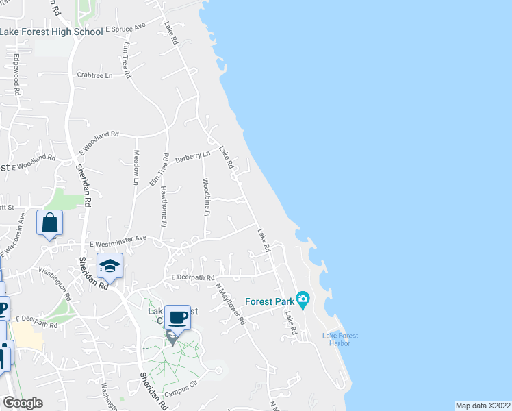 map of restaurants, bars, coffee shops, grocery stores, and more near 955 Lake Road in Lake Forest