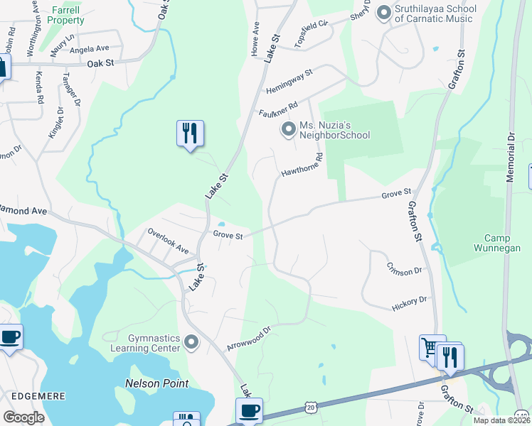 map of restaurants, bars, coffee shops, grocery stores, and more near 1 Hawthorne Road in Shrewsbury