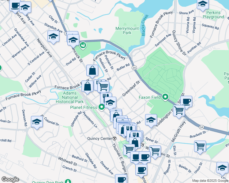 map of restaurants, bars, coffee shops, grocery stores, and more near 23 Merrymount Road in Quincy