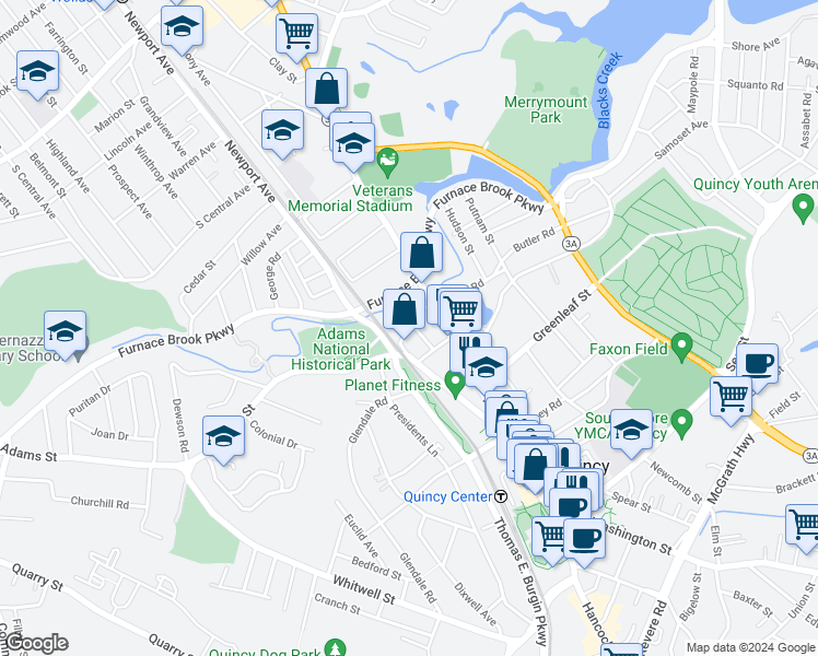 map of restaurants, bars, coffee shops, grocery stores, and more near 9 Thayer Street in Quincy