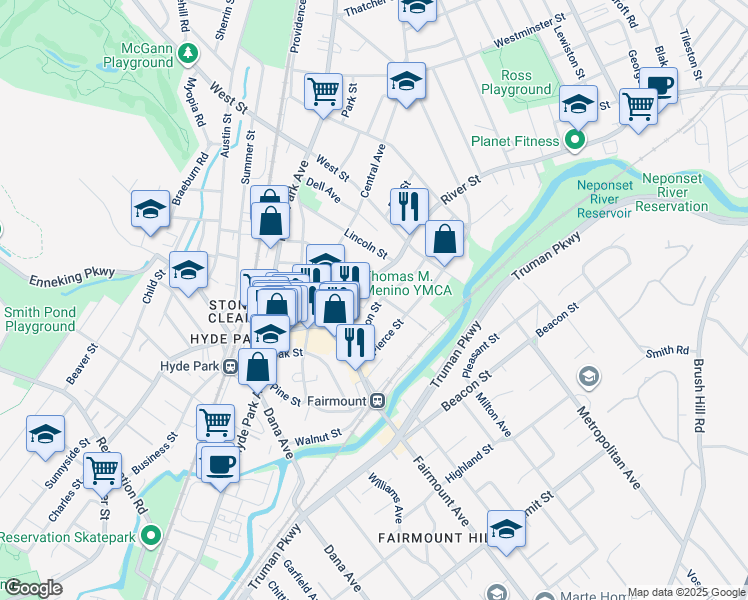 map of restaurants, bars, coffee shops, grocery stores, and more near 34 Davison Street in Boston