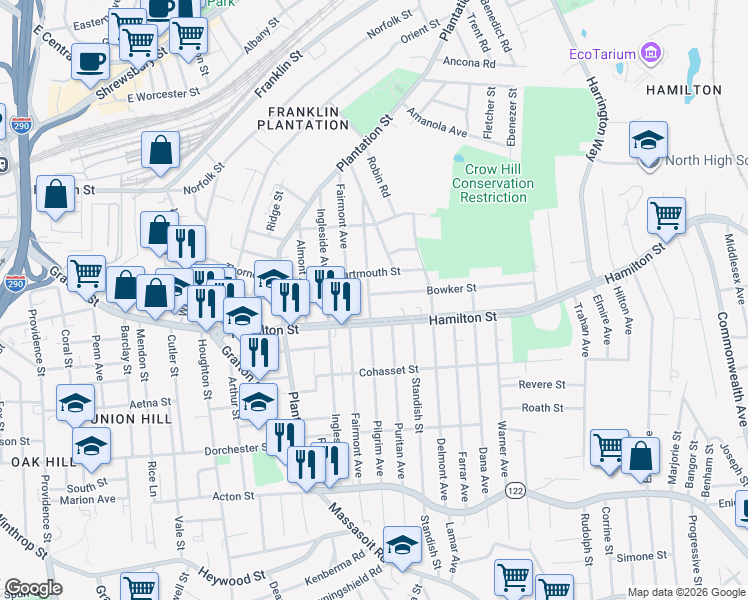 map of restaurants, bars, coffee shops, grocery stores, and more near 119 Hamilton Street in Worcester
