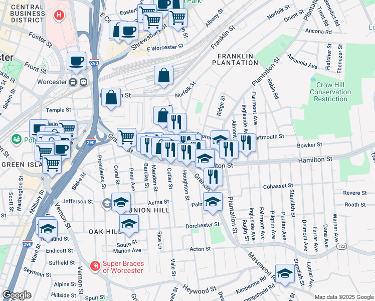 map of restaurants, bars, coffee shops, grocery stores, and more near 353 Grafton Street in Worcester