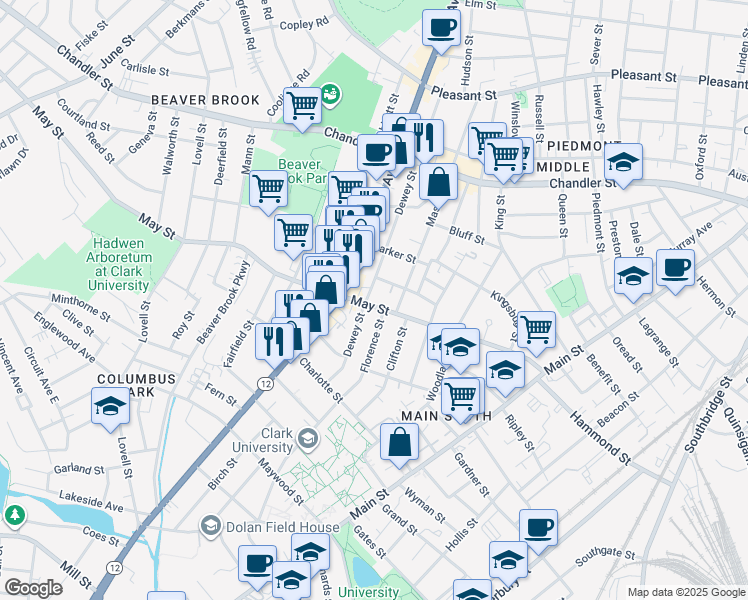 map of restaurants, bars, coffee shops, grocery stores, and more near 59 May Street in Worcester