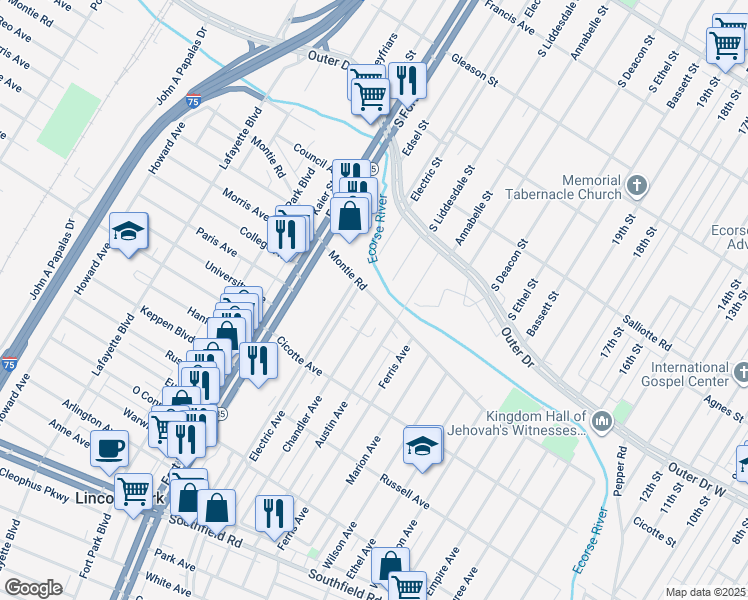 map of restaurants, bars, coffee shops, grocery stores, and more near 1083 Montie Road in Lincoln Park