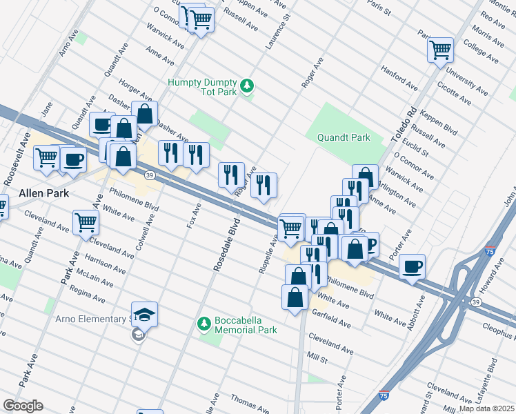 map of restaurants, bars, coffee shops, grocery stores, and more near in Allen Park