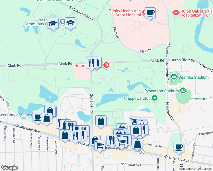 map of restaurants, bars, coffee shops, grocery stores, and more near 2901 Bynan Drive in Ypsilanti