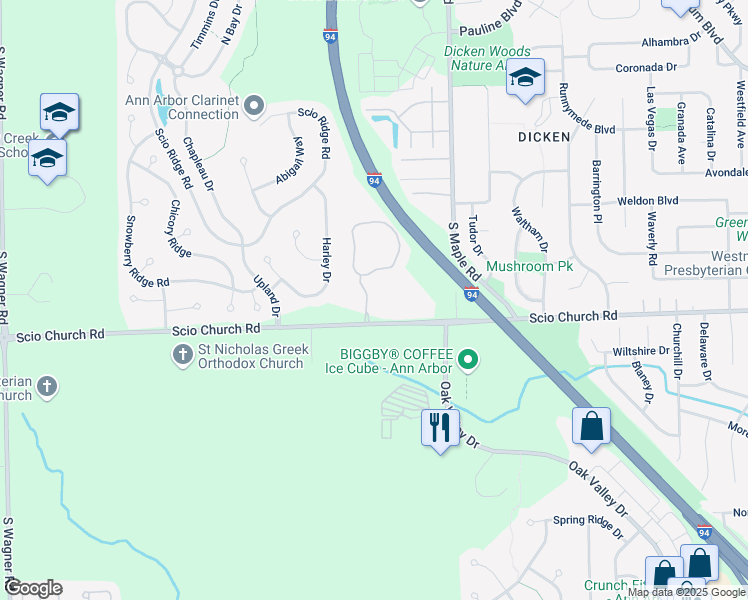 map of restaurants, bars, coffee shops, grocery stores, and more near 2654 Scio Church Road in Ann Arbor