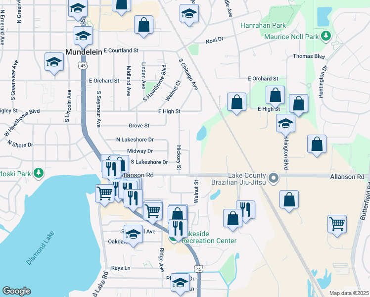 map of restaurants, bars, coffee shops, grocery stores, and more near 425 South Walnut Street in Mundelein