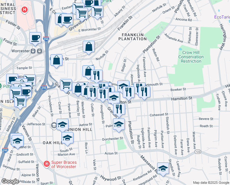 map of restaurants, bars, coffee shops, grocery stores, and more near 14 Chrome Street in Worcester