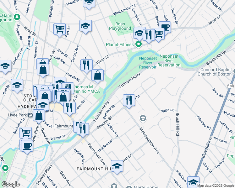 map of restaurants, bars, coffee shops, grocery stores, and more near 25 Vose Avenue in Boston