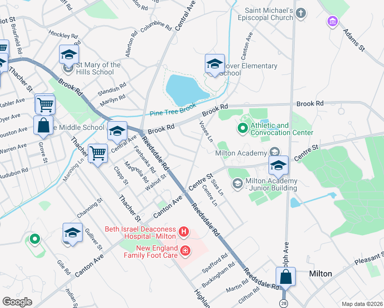 map of restaurants, bars, coffee shops, grocery stores, and more near 29 Lantern Lane in Milton