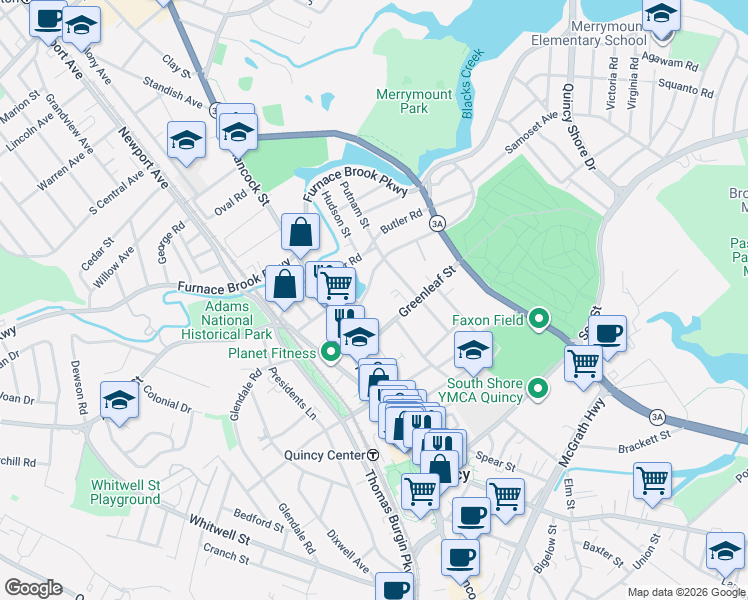 map of restaurants, bars, coffee shops, grocery stores, and more near 23 Merrymount Road in Quincy