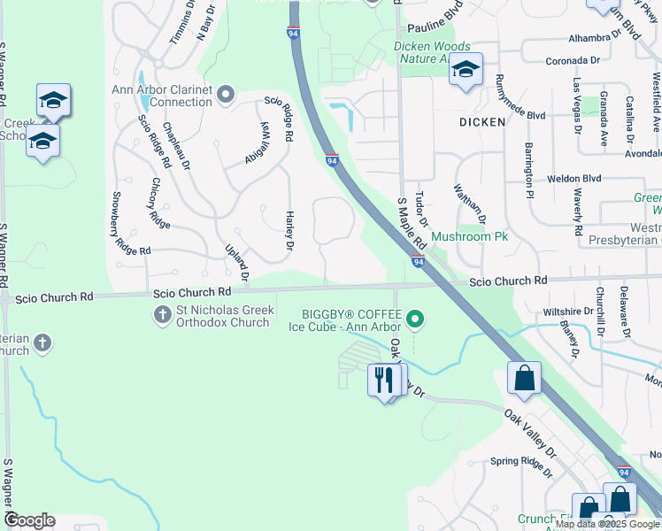map of restaurants, bars, coffee shops, grocery stores, and more near 2654 Scio Church Road in Ann Arbor