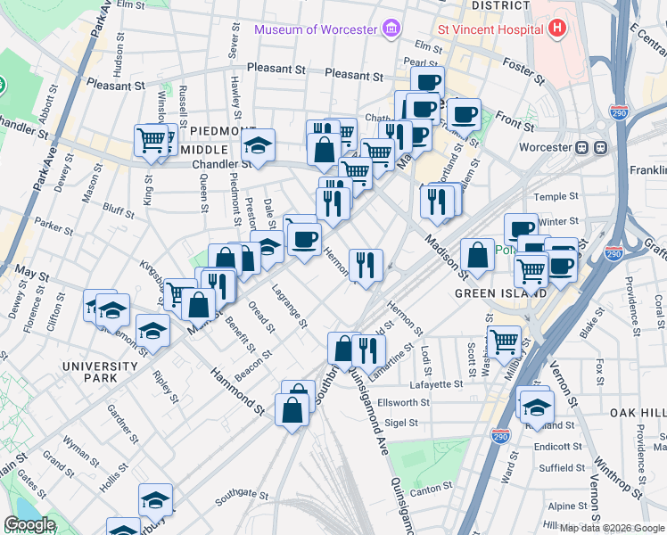 map of restaurants, bars, coffee shops, grocery stores, and more near 33 Hermon Street in Worcester