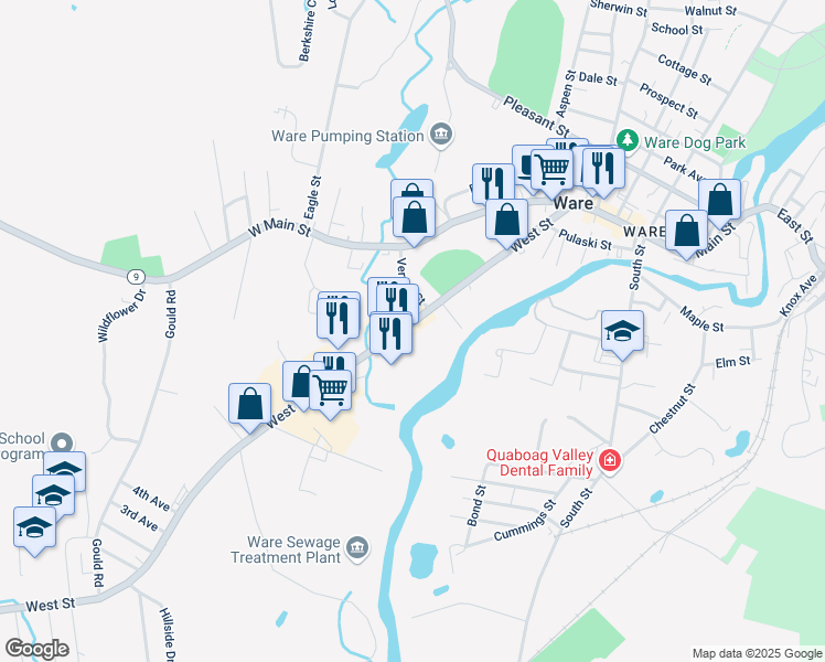 map of restaurants, bars, coffee shops, grocery stores, and more near 118 West Street in Ware