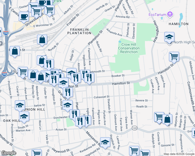 map of restaurants, bars, coffee shops, grocery stores, and more near 119 Hamilton Street in Worcester
