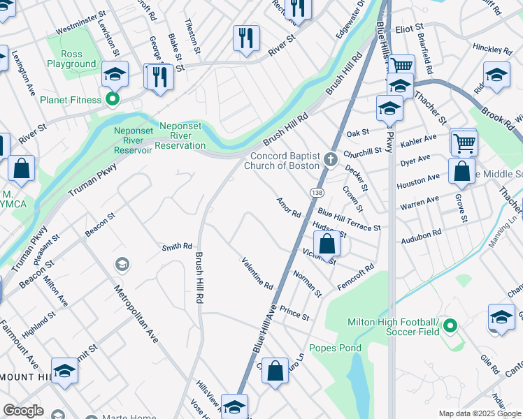 map of restaurants, bars, coffee shops, grocery stores, and more near 76 Hollingsworth Road in Milton