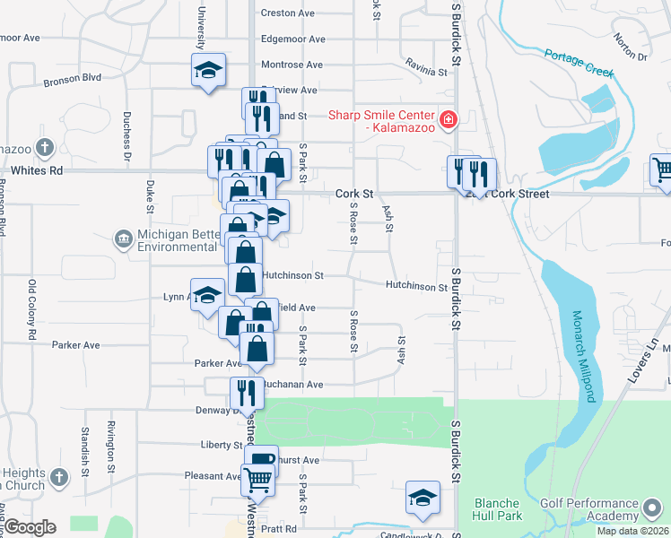 map of restaurants, bars, coffee shops, grocery stores, and more near 203 Hutchinson Street in Kalamazoo