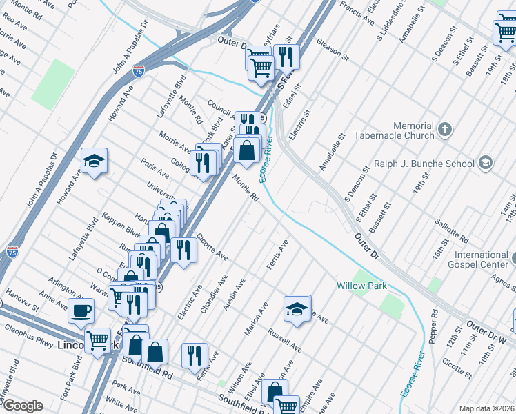 map of restaurants, bars, coffee shops, grocery stores, and more near 1121 Montie Road in Lincoln Park