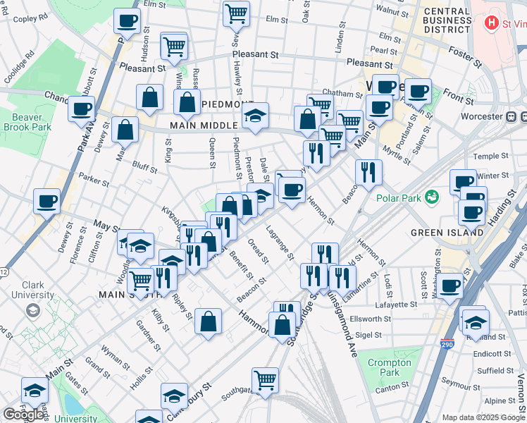 map of restaurants, bars, coffee shops, grocery stores, and more near 768 Main Street in Worcester