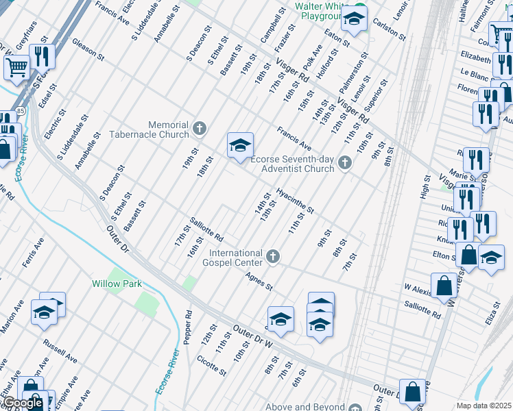 map of restaurants, bars, coffee shops, grocery stores, and more near 3977 14th Street in Ecorse