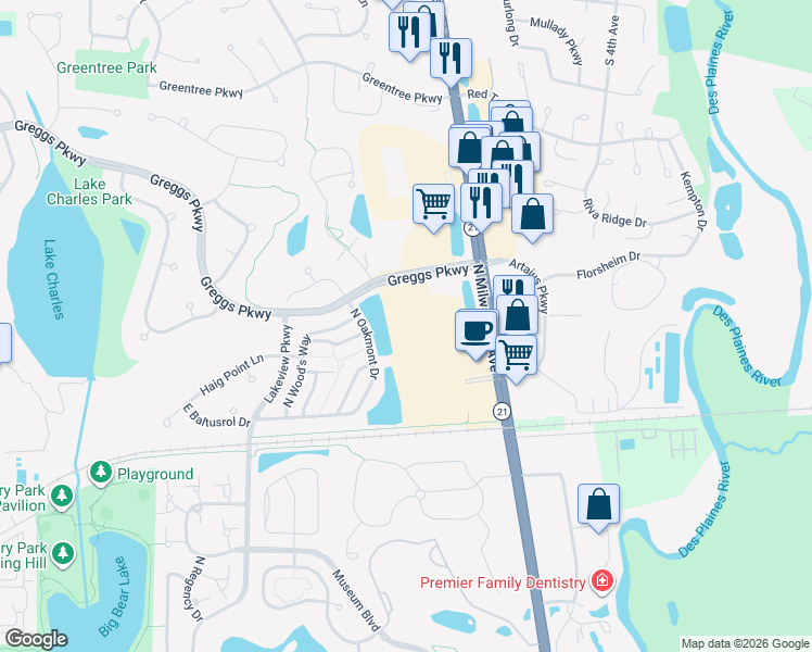 map of restaurants, bars, coffee shops, grocery stores, and more near 1720 N Milwaukee Ave in Vernon Hills