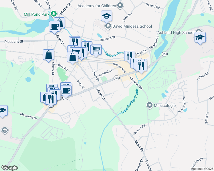 map of restaurants, bars, coffee shops, grocery stores, and more near 164 Alden Street in Ashland