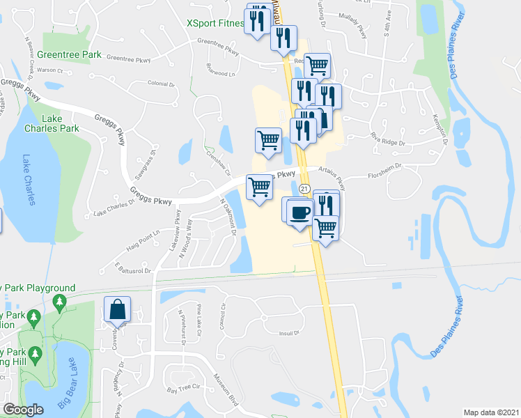 map of restaurants, bars, coffee shops, grocery stores, and more near 1720 North Milwaukee Avenue in Vernon Hills
