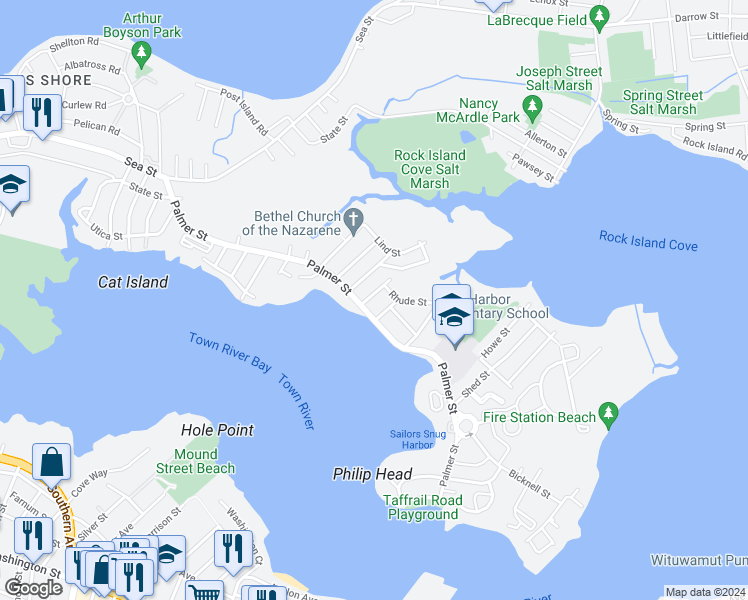map of restaurants, bars, coffee shops, grocery stores, and more near 248 Palmer Street in Quincy