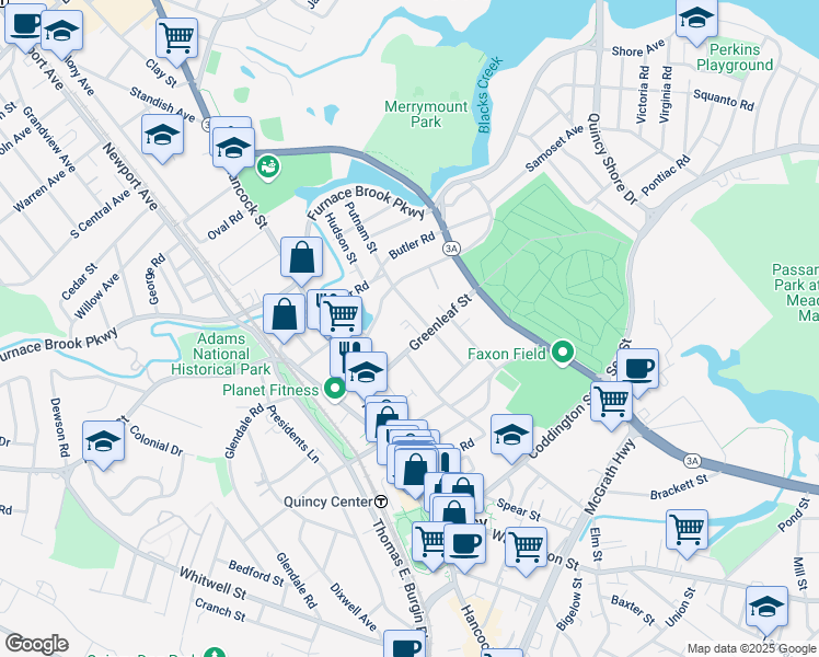 map of restaurants, bars, coffee shops, grocery stores, and more near 65 Greenleaf Street in Quincy