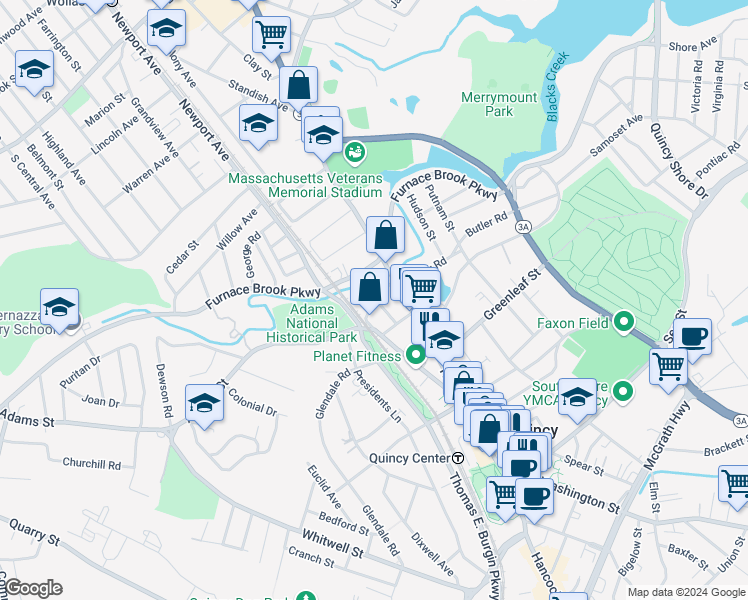 map of restaurants, bars, coffee shops, grocery stores, and more near 11 Thayer Street in Quincy