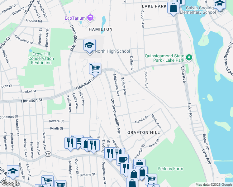 map of restaurants, bars, coffee shops, grocery stores, and more near 38 Middlesex Avenue in Worcester