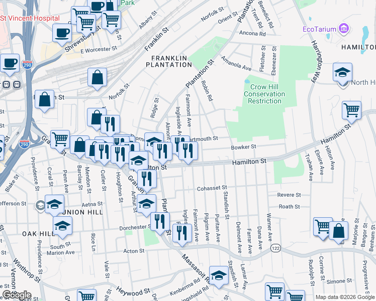 map of restaurants, bars, coffee shops, grocery stores, and more near 115 Fairmont Avenue in Worcester