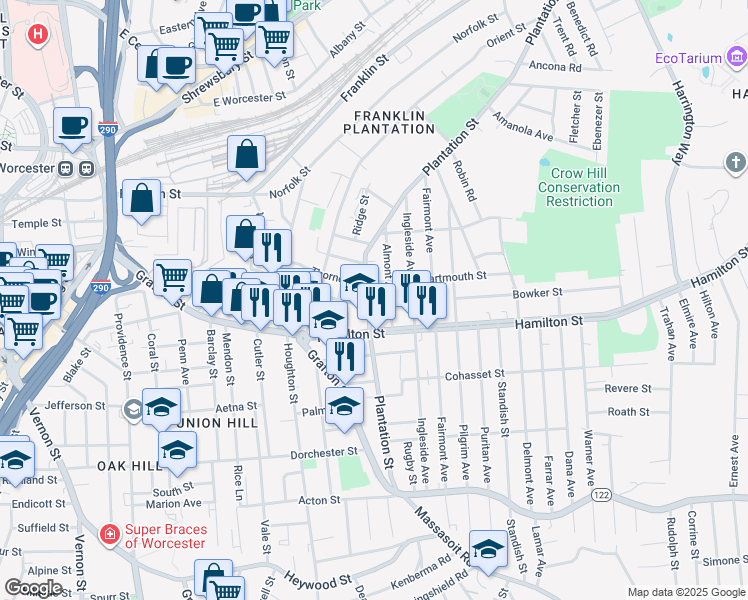 map of restaurants, bars, coffee shops, grocery stores, and more near 81 Plantation Street in Worcester