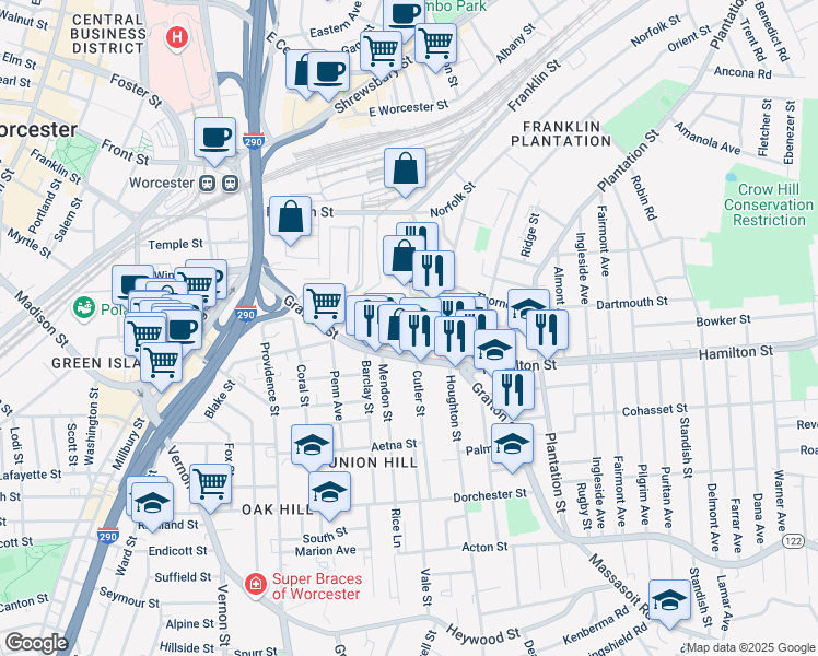 map of restaurants, bars, coffee shops, grocery stores, and more near in Worcester