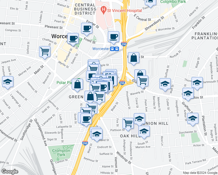 map of restaurants, bars, coffee shops, grocery stores, and more near 96 Massachusetts 122 in Worcester
