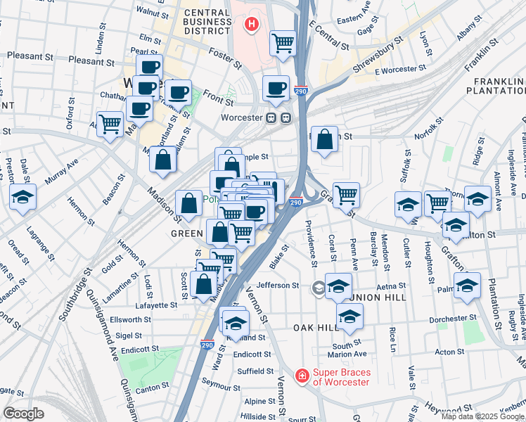 map of restaurants, bars, coffee shops, grocery stores, and more near 96 Massachusetts 122 in Worcester