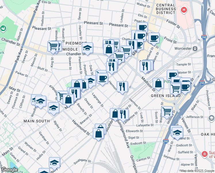 map of restaurants, bars, coffee shops, grocery stores, and more near 4 Harris Court in Worcester