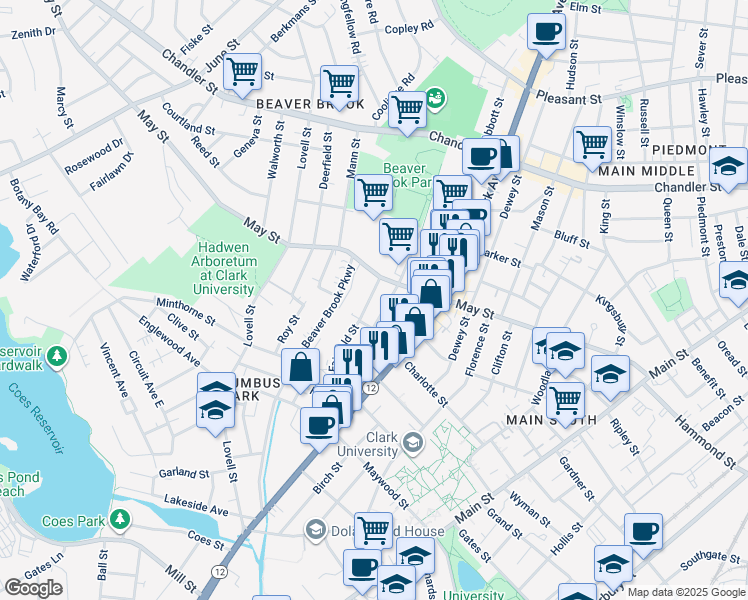 map of restaurants, bars, coffee shops, grocery stores, and more near 26 Maple Tree Lane in Worcester