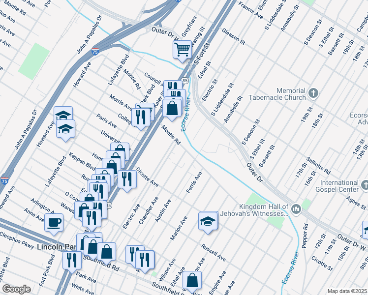 map of restaurants, bars, coffee shops, grocery stores, and more near 1083 Montie Road in Lincoln Park