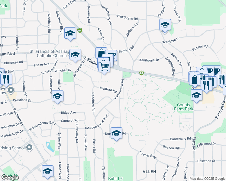 map of restaurants, bars, coffee shops, grocery stores, and more near 2439 Buckingham Road in Ann Arbor